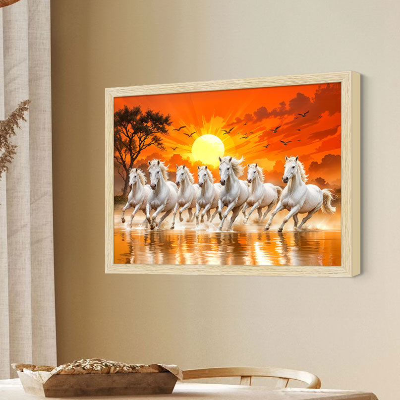 ArtX Paper 7 Horses Painting Vastu Frame Wall Art, White Running Horses On Water Painting Vastu Rising Sun Wall Decor, Multicolor, Nature, Set of 1 ArtX