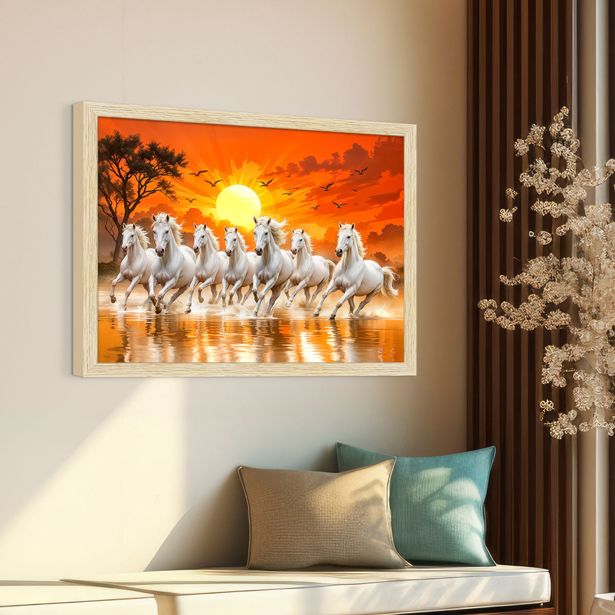 ArtX Paper 7 Horses Painting Vastu Frame Wall Art, White Running Horses On Water Painting Vastu Rising Sun Wall Decor, Multicolor, Nature, Set of 1 ArtX