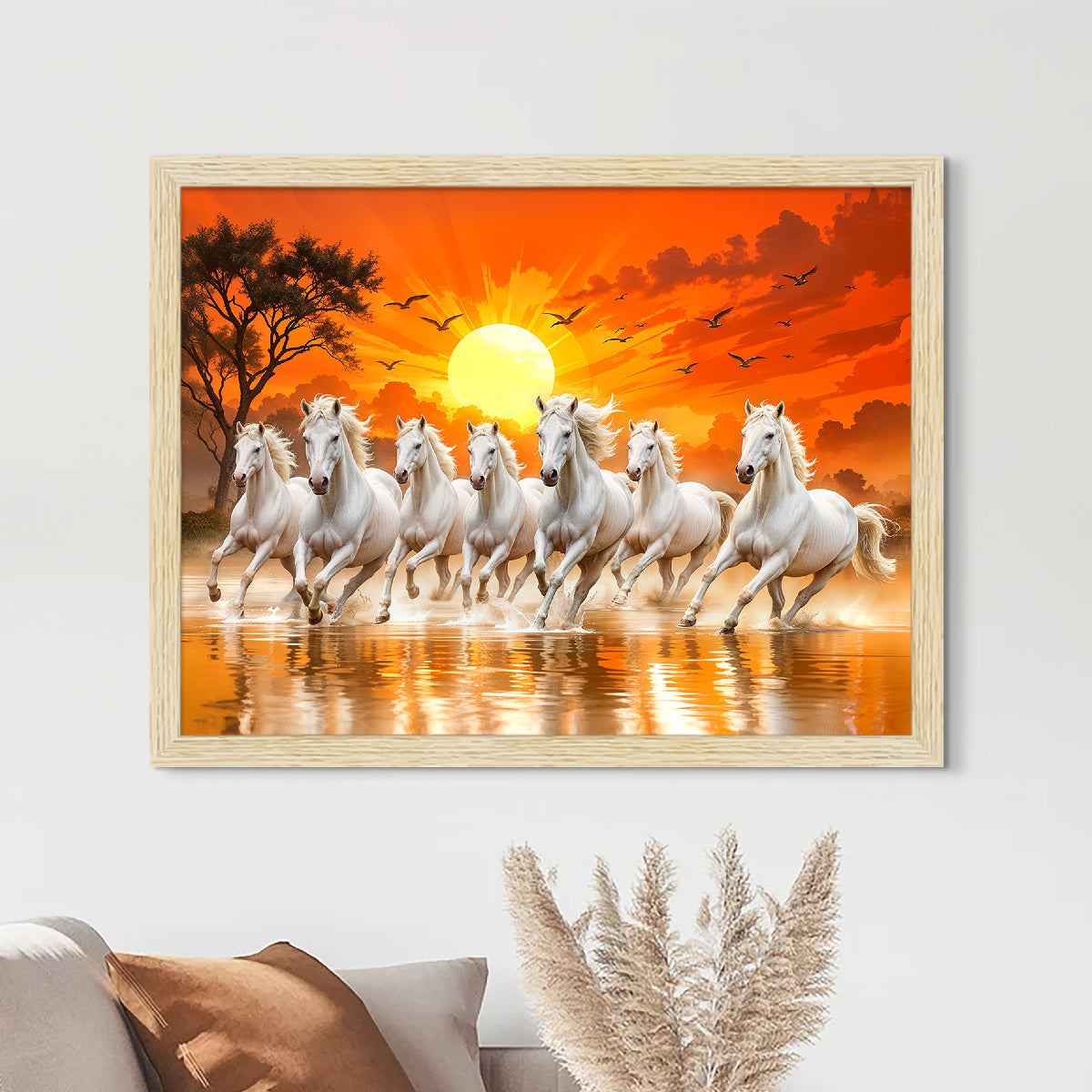 ArtX Paper 7 Horses Painting Vastu Frame Wall Art, White Running Horses On Water Painting Vastu Rising Sun Wall Decor, Multicolor, Nature, Set of 1 ArtX