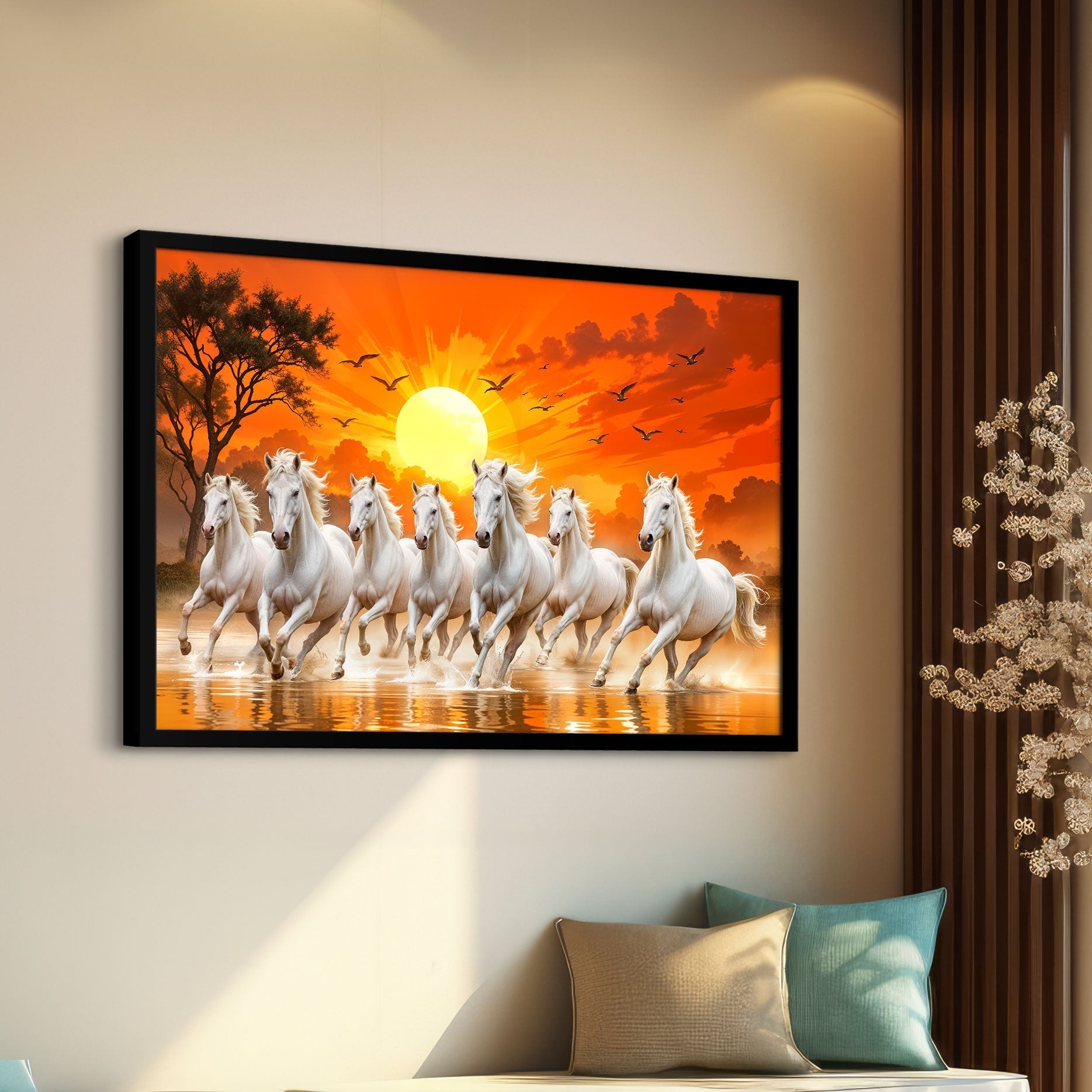 ArtX Paper 7 Horses Painting Vastu Frame Wall Art, White Running Horses On Water Painting Vastu Rising Sun Wall Decor, Multicolor, Nature, Set of 1 ArtX