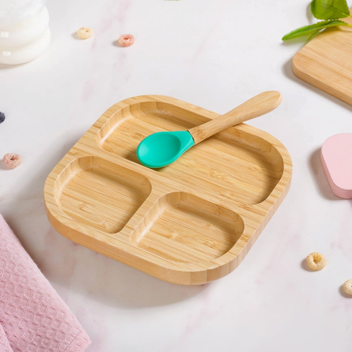 Silicone Suction Base Wooden Plate For Kids With Spoon Nestasia