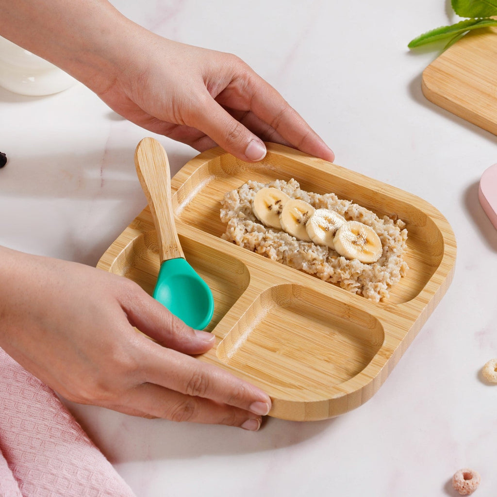 Silicone Suction Base Wooden Plate For Kids With Spoon Nestasia