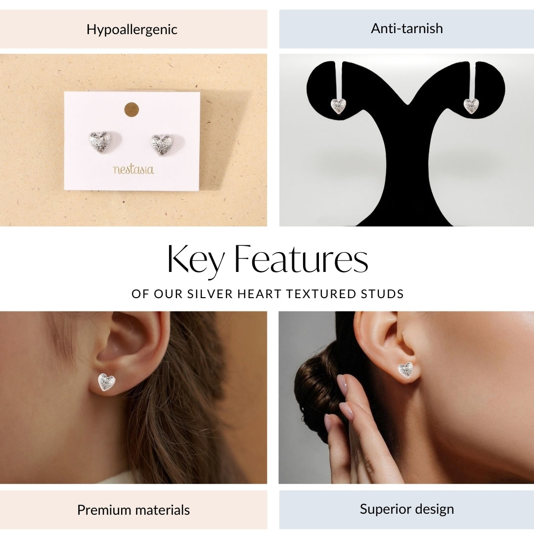 Silver Heart Textured Studs Nestasia