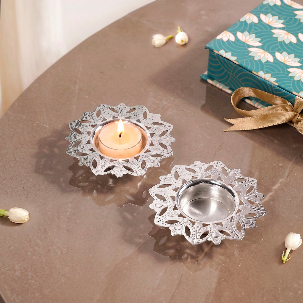 Silver Plated Brass Tealight Holder Set Of 2 In Gift Box Nestasia