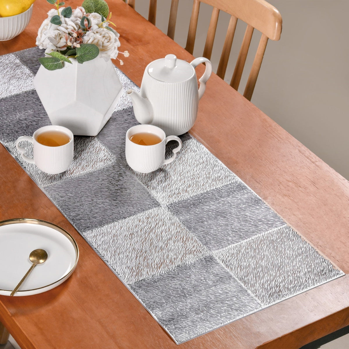 Grid Dining Table Runner Silver Grey 92x35cm Nestasia