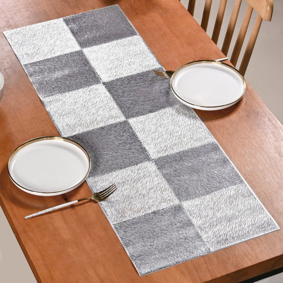Grid Dining Table Runner Silver Grey 92x35cm Nestasia