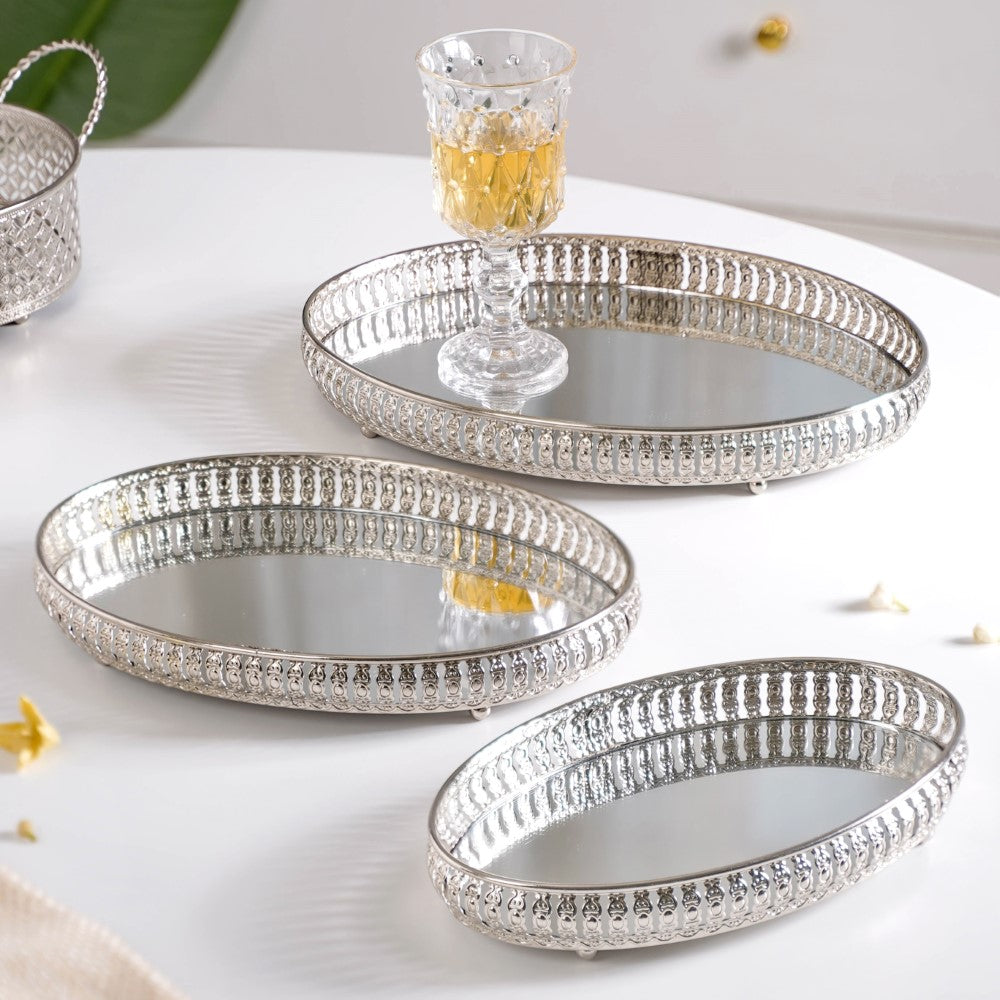 Set Of 3 Luxury Metal Tray Silver Nestasia