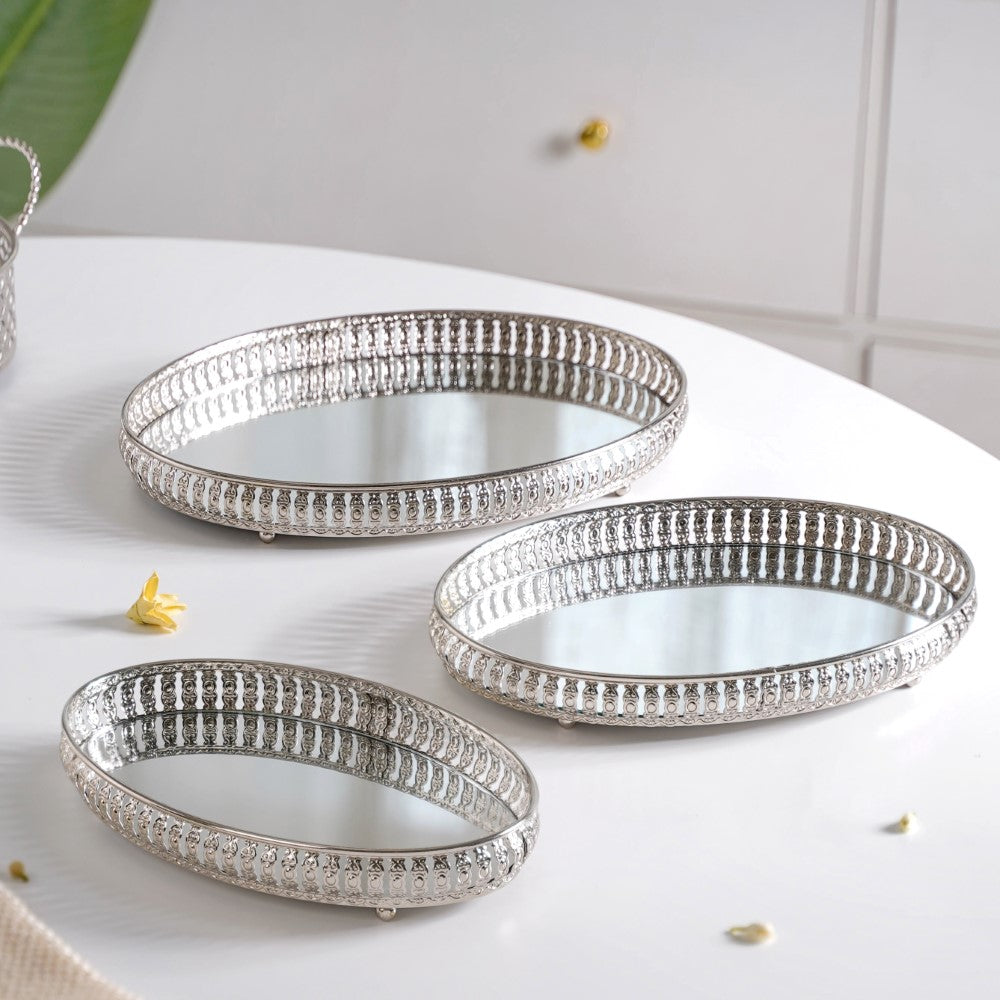Set Of 3 Luxury Metal Tray Silver Nestasia