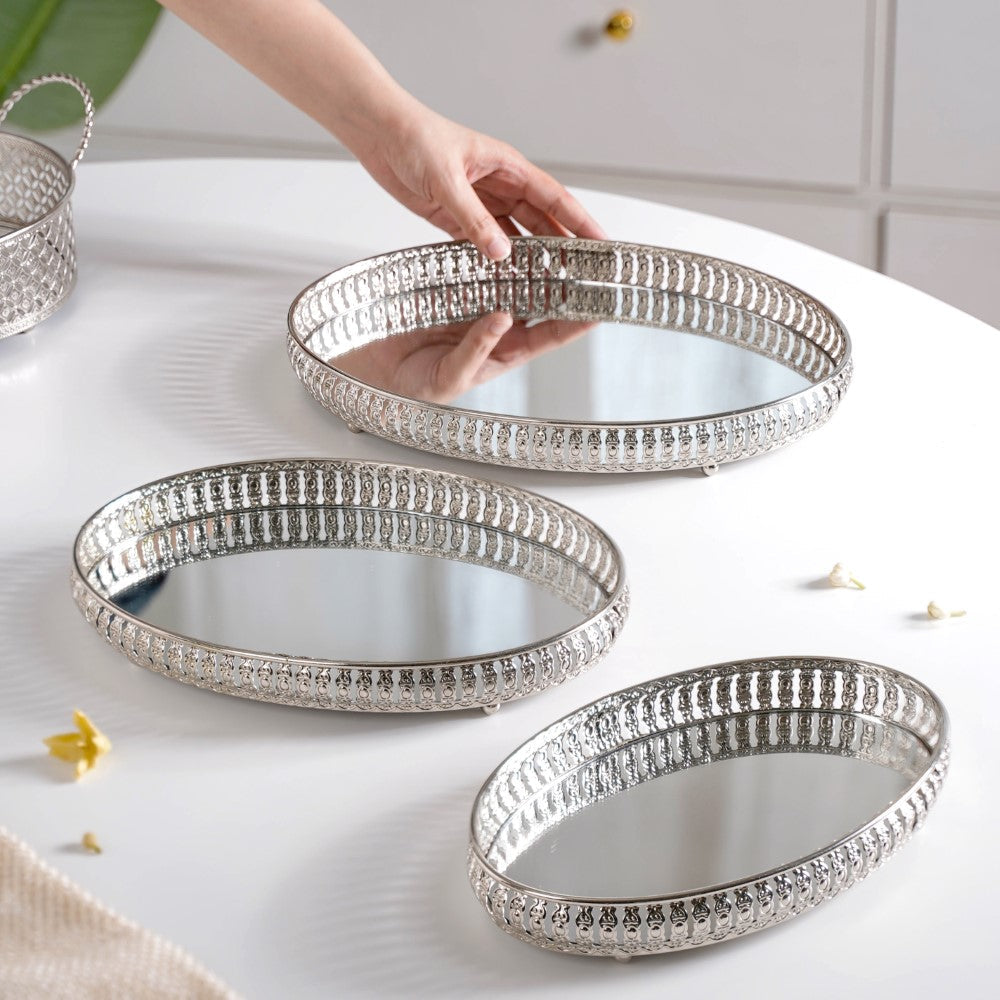 Set Of 3 Luxury Metal Tray Silver Nestasia