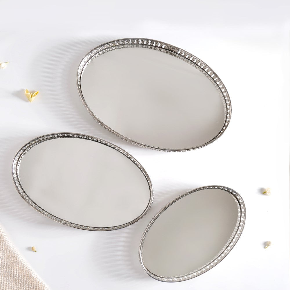 Set Of 3 Luxury Metal Tray Silver Nestasia