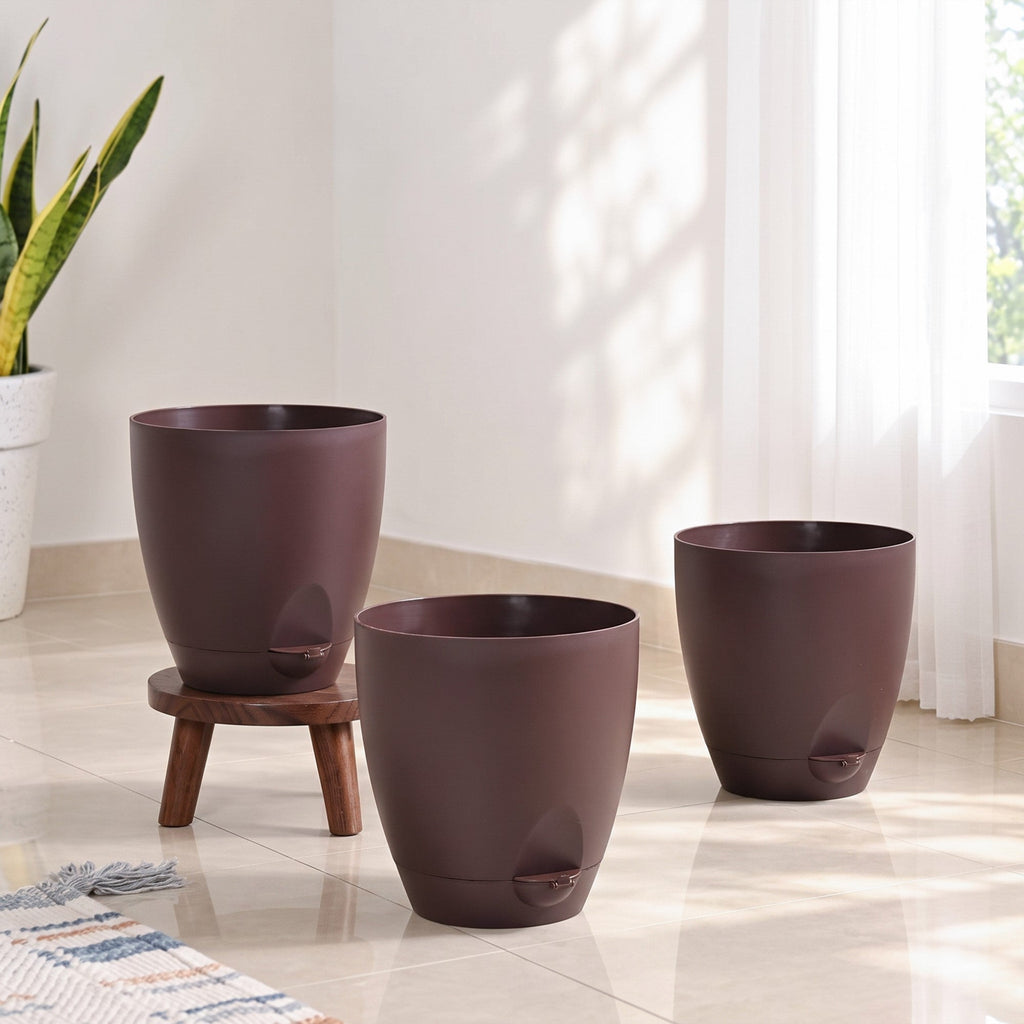 Florin Self Watering Indoor Planter Coffee Brown Set Of 3 Nestasia