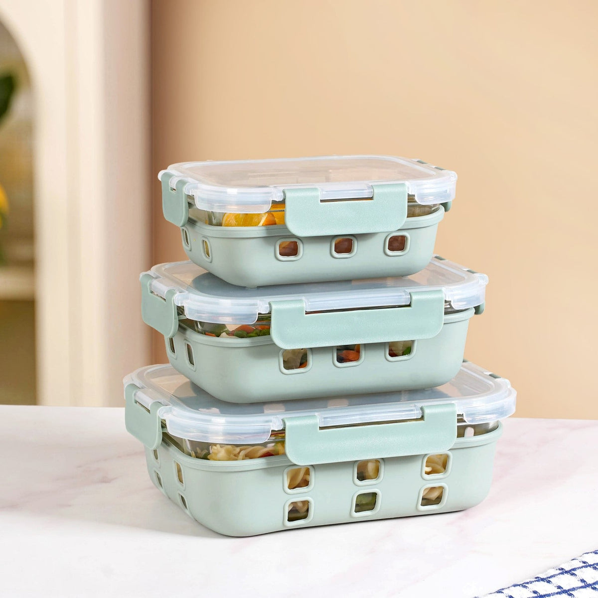 Gripso Microwave Safe Meal Prep Container With Silicone Sleeves Set Of 3 Sage Green S 370ml M 600ml L 1000ml Nestasia