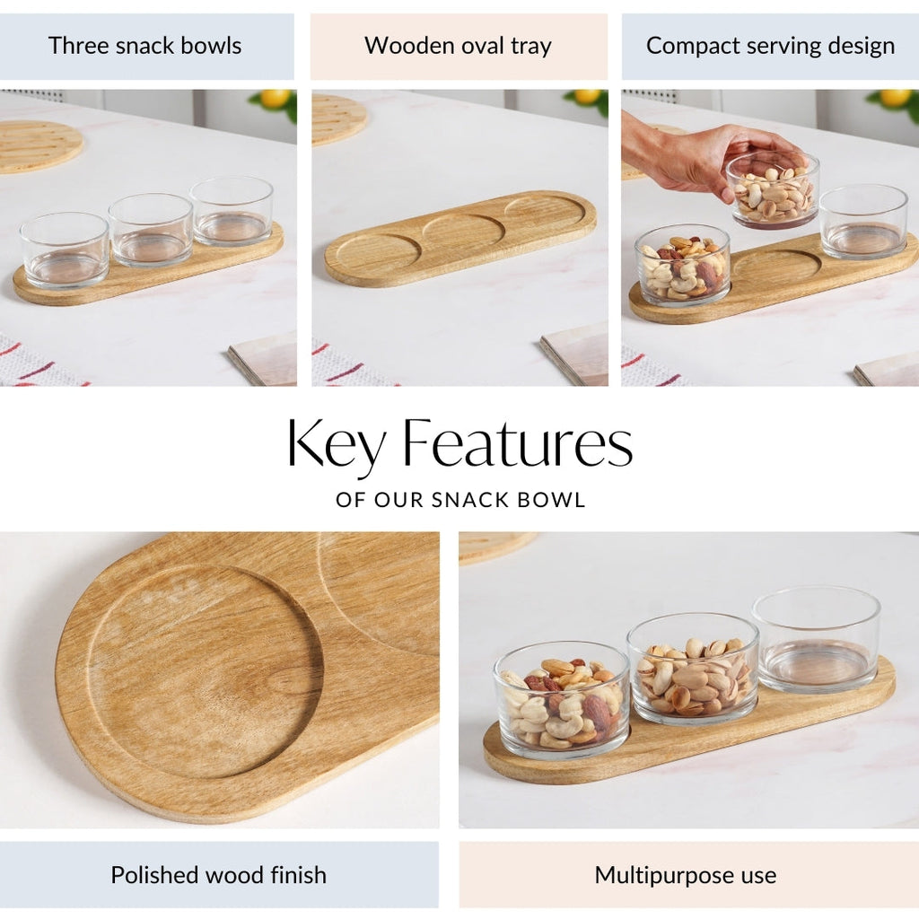 Snack Bowls Set Of 3 With Acacia Wood Tray Nestasia