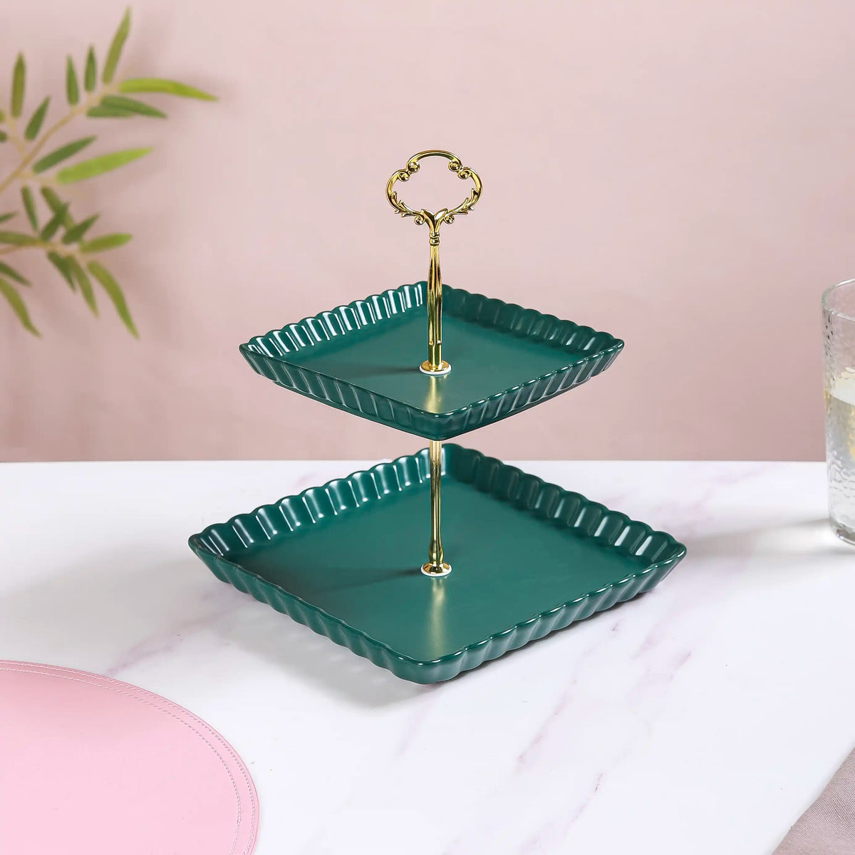 2-Tier Square Ceramic Snack Stand Green Nestasia
