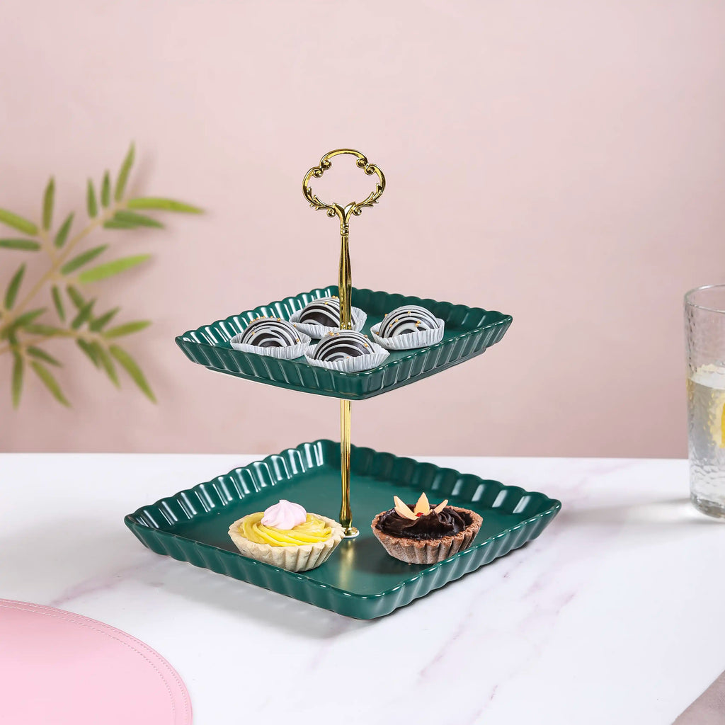 2-Tier Square Ceramic Snack Stand Green Nestasia