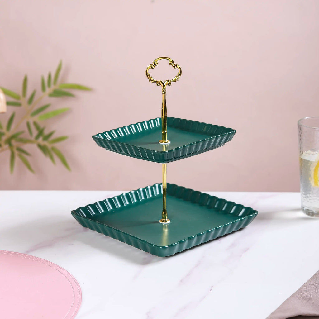2-Tier Square Ceramic Snack Stand Green Nestasia