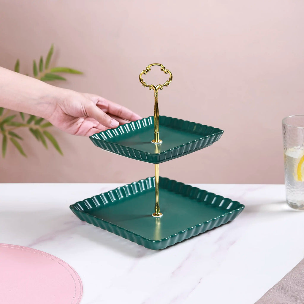 2-Tier Square Ceramic Snack Stand Green Nestasia