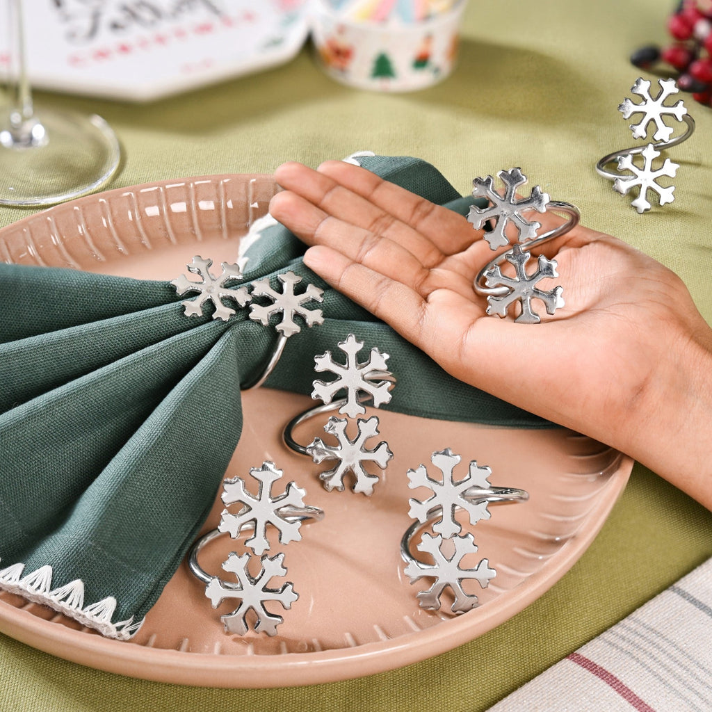 Snowflakes Pure Brass Napkin Ring Set Of 6 Silver Nestasia