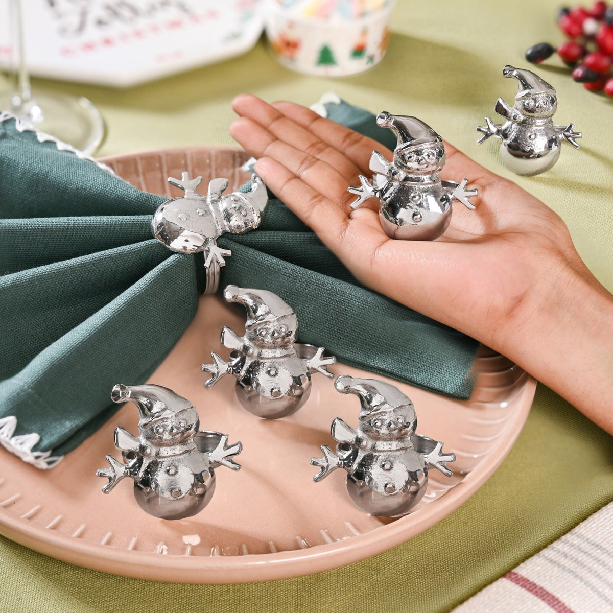 Snowman Pure Brass Napkin Ring Set Of 6 Silver Nestasia