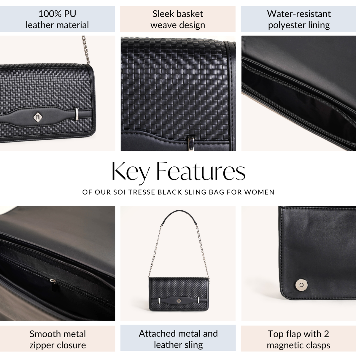 Soi Tresse Black Sling Bag For Women Nestasia