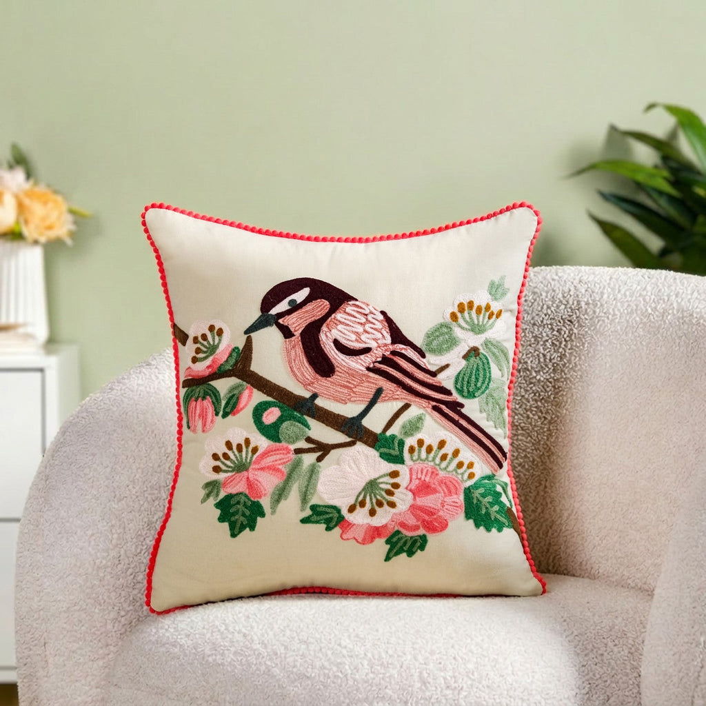 Songbird Bloom Embroidered Cushion Cover 40X40cm Nestasia