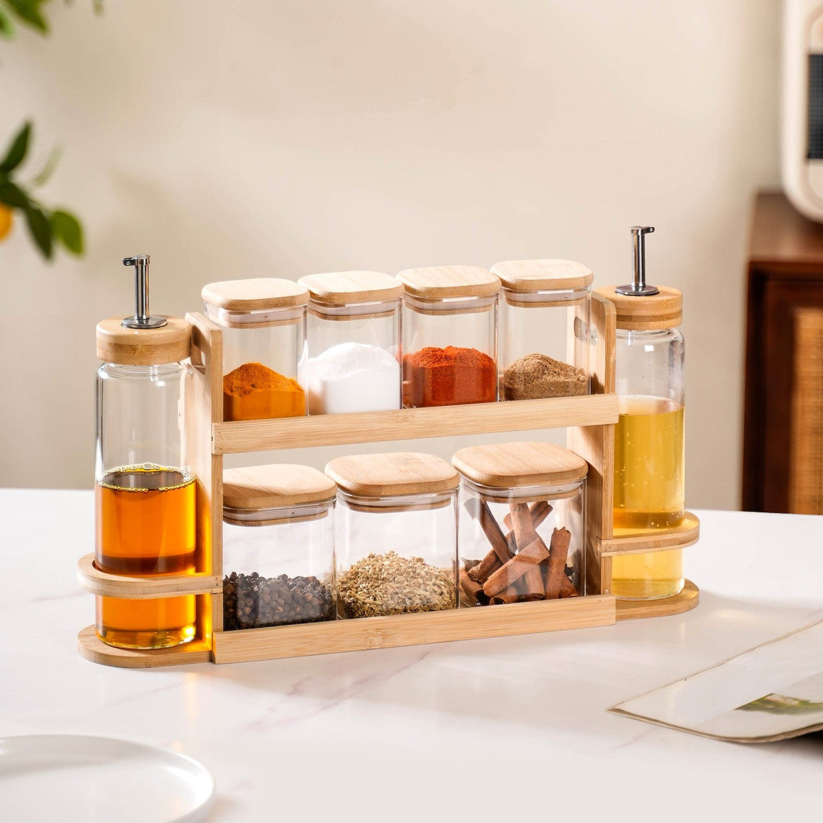 Kitchen Storage Rack With Set of 7 Spice Jars And Oil Dispensers Nestasia