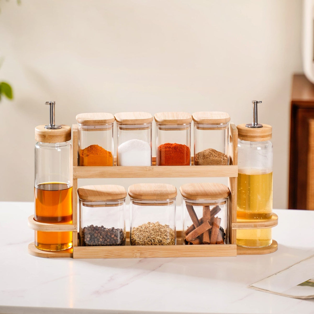 Kitchen Storage Rack With Set of 7 Spice Jars And Oil Dispensers Nestasia