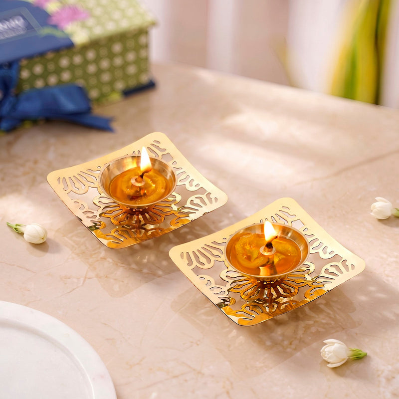 Square Jali Pure Brass Diya Set Of 2 In Gift Box Nestasia