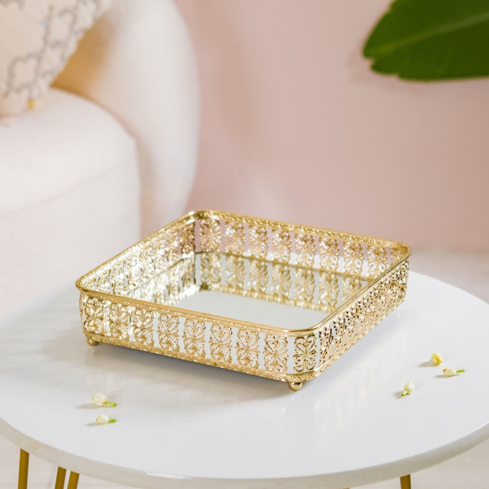 Square Decorative Mirror Tray Gold Large Nestasia