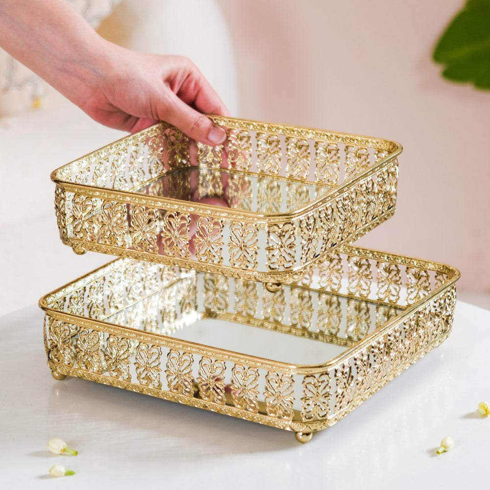 Square Decorative Mirror Tray Gold Large Nestasia
