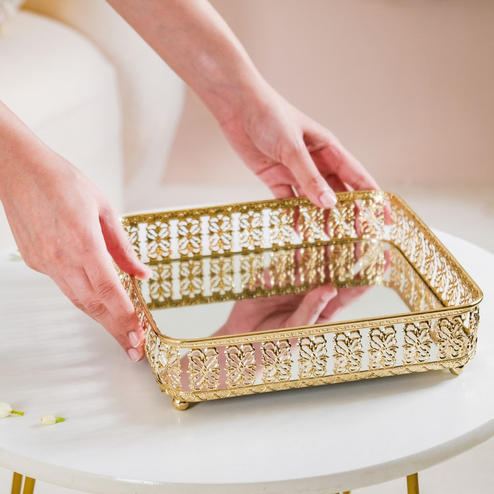 Square Decorative Mirror Tray Gold Large Nestasia