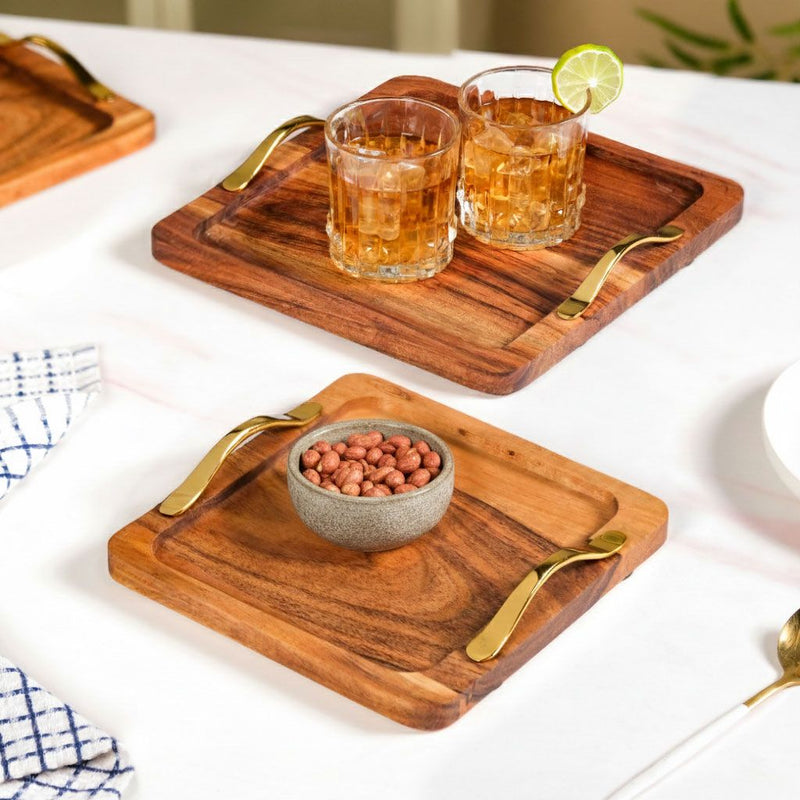 Square Wood Serving Tray With Gold Handles Set Of 2 Nestasia