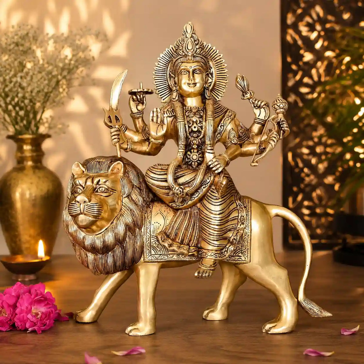 Brass Goddess Durga Sitting on Lion Superfine Idol (16.5 Inch) Vedansh Craft