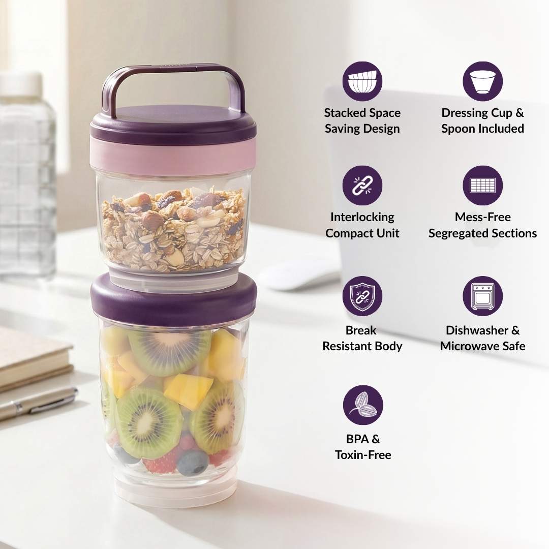 Stacko Salad Box With Dressing Cup And Spoon Purple 1020ml Nestasia