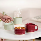 Tartan Stackable Ceramic 2 Cup 2 Bowl Set Mint Maroon Nestasia