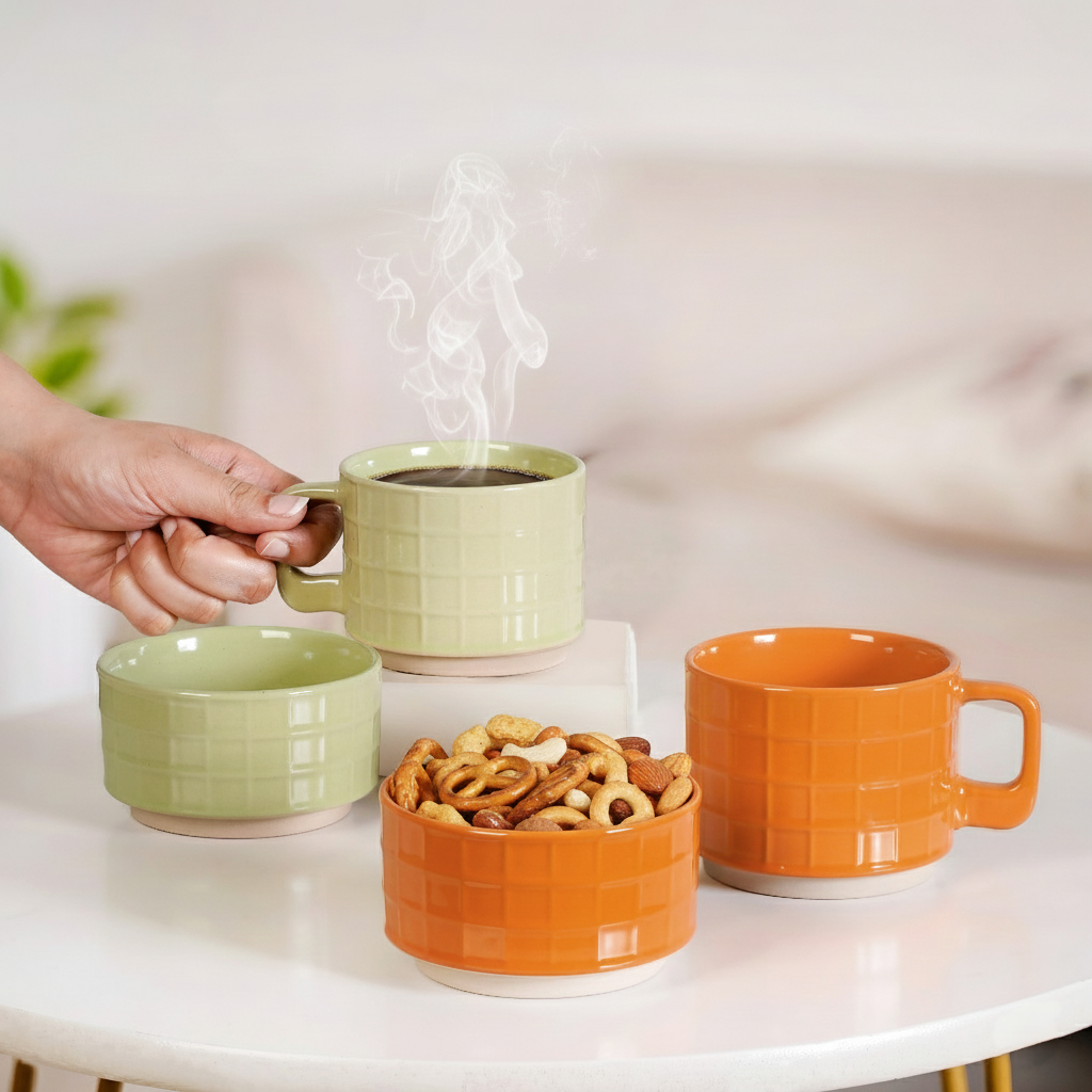 Embossed Stackable 2 Cup 2 Bowl Set Pop Orange Sage Green Nestasia
