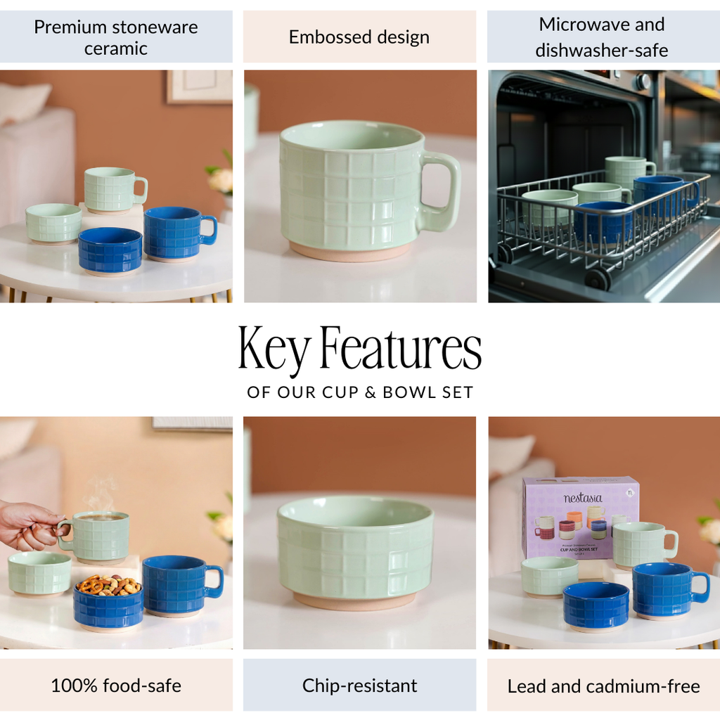 Stackable Pop Colour Ceramic 2 Cup 2 Bowl Set Blue Mint Nestasia