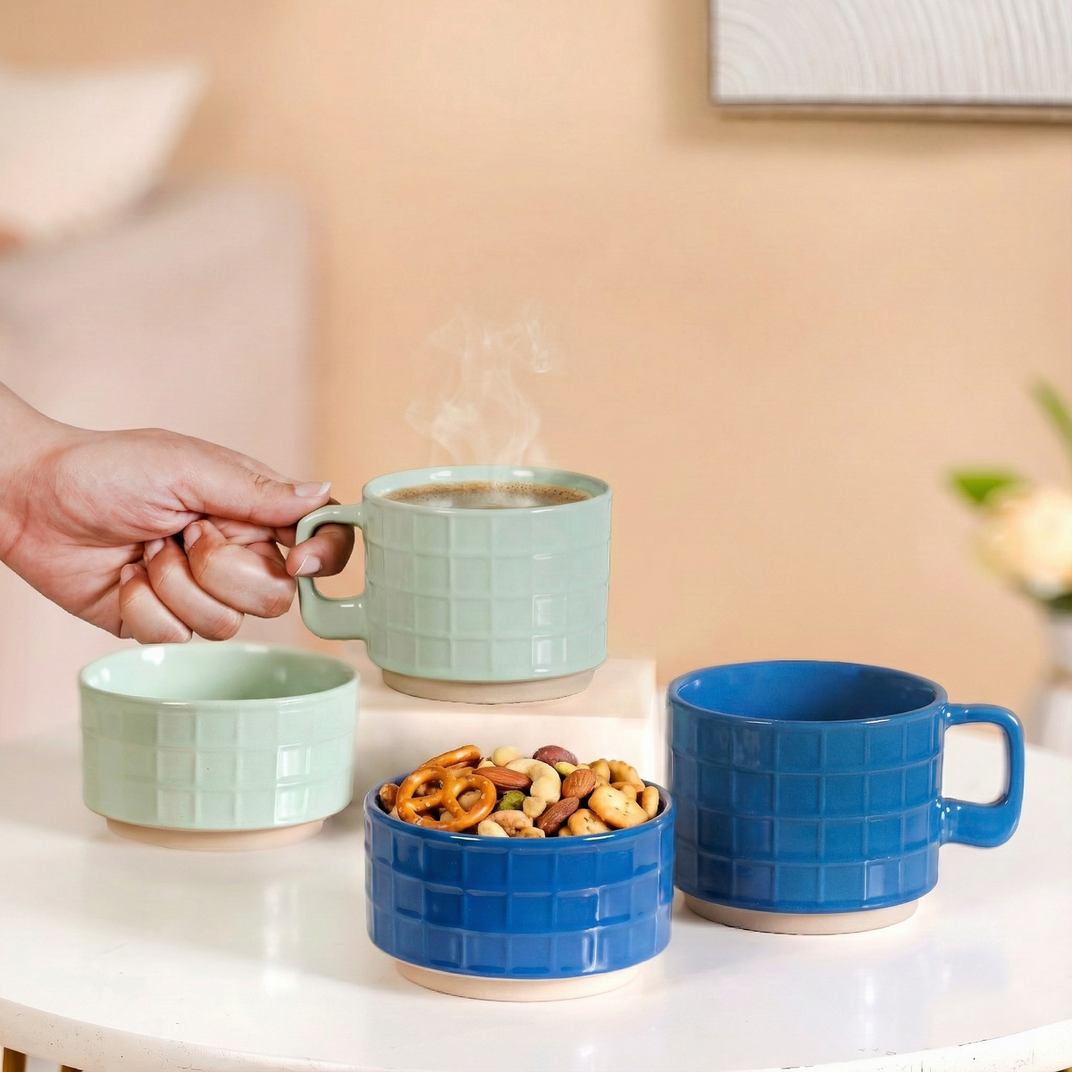 Stackable Pop Colour Ceramic 2 Cup 2 Bowl Set Blue Mint Nestasia
