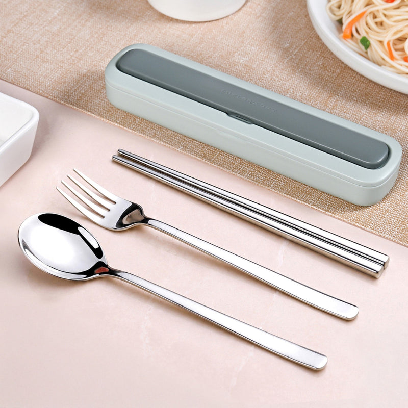 On-The-Go Cutlery Set Stainless Steel Chopsticks Spoon Fork In Portable Box Green Nestasia