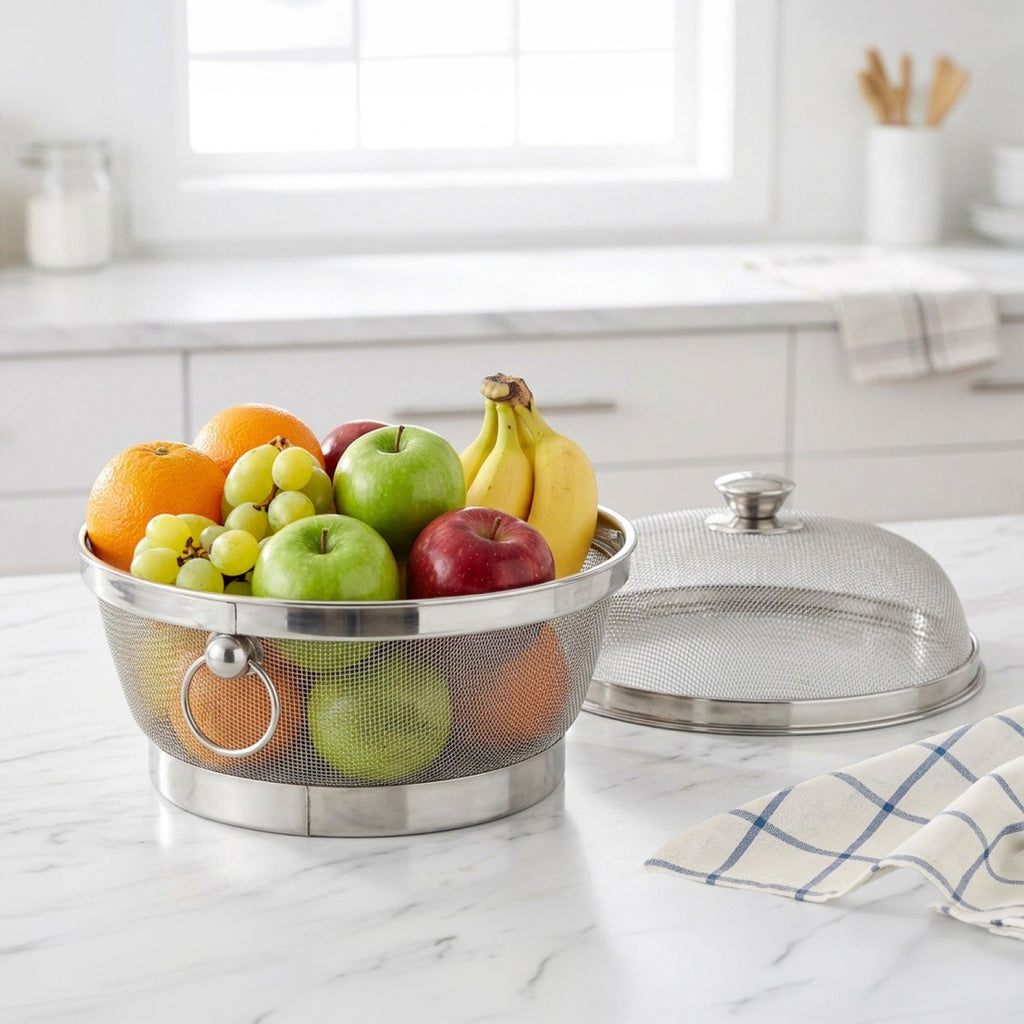 Stainless Steel Colander Mesh Fruit Basket With Lid Nestasia