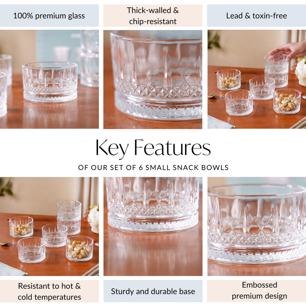 Embossed Glass Snack Bowl Set Of 6 220ml Nestasia
