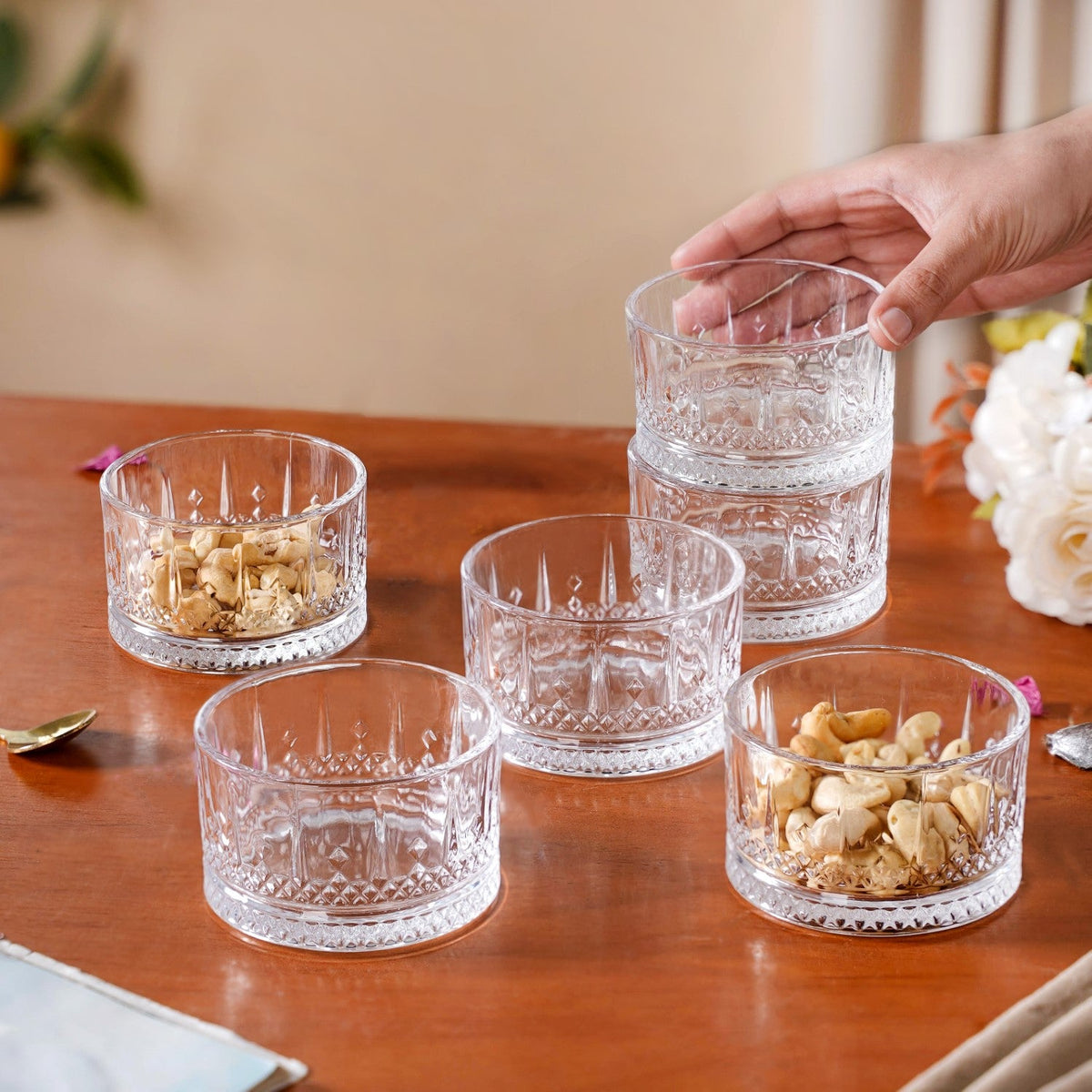 Embossed Glass Snack Bowl Set Of 6 220ml Nestasia