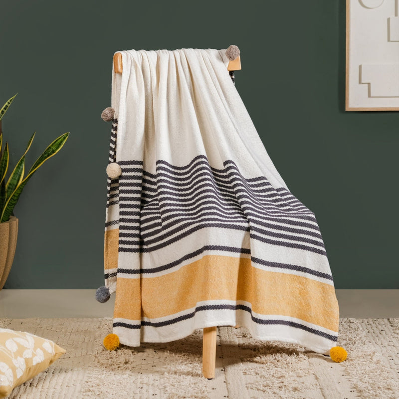 Stripe Story Minimalist Pure Cotton Throw With Boho Balls Nestasia