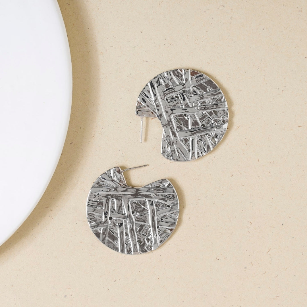 Silver Abstract Textured Round Statement Earrings Nestasia