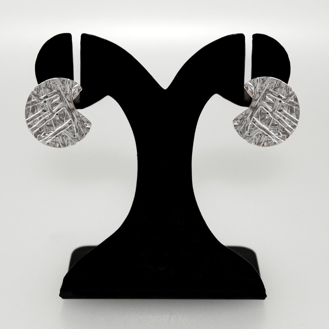 Silver Abstract Textured Round Statement Earrings Nestasia