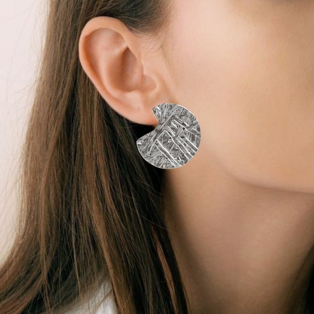 Silver Abstract Textured Round Statement Earrings Nestasia