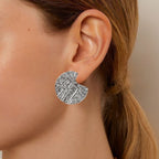 Silver Abstract Textured Round Statement Earrings Nestasia