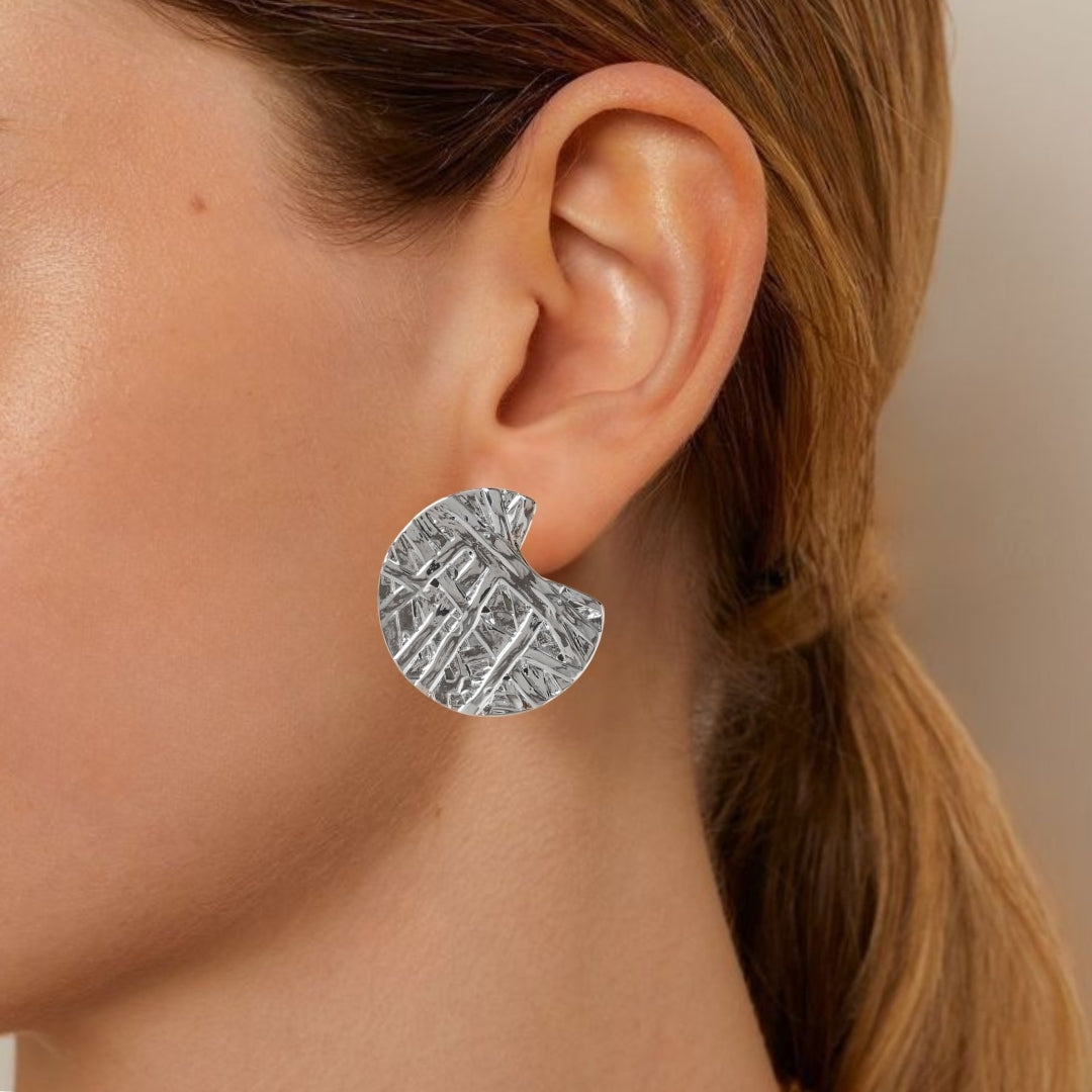 Silver Abstract Textured Round Statement Earrings Nestasia