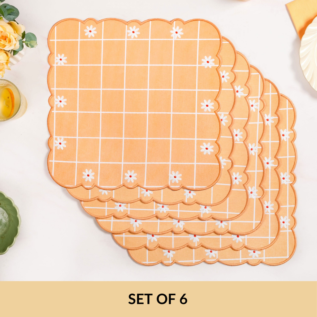 Daisy Cotton Embroidered Scallop Table Mat Set Of 6 Nestasia
