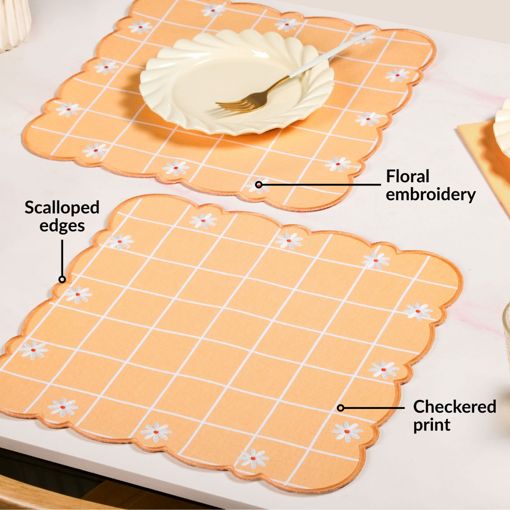 Daisy Cotton Embroidered Scallop Table Mat Set Of 6 Nestasia